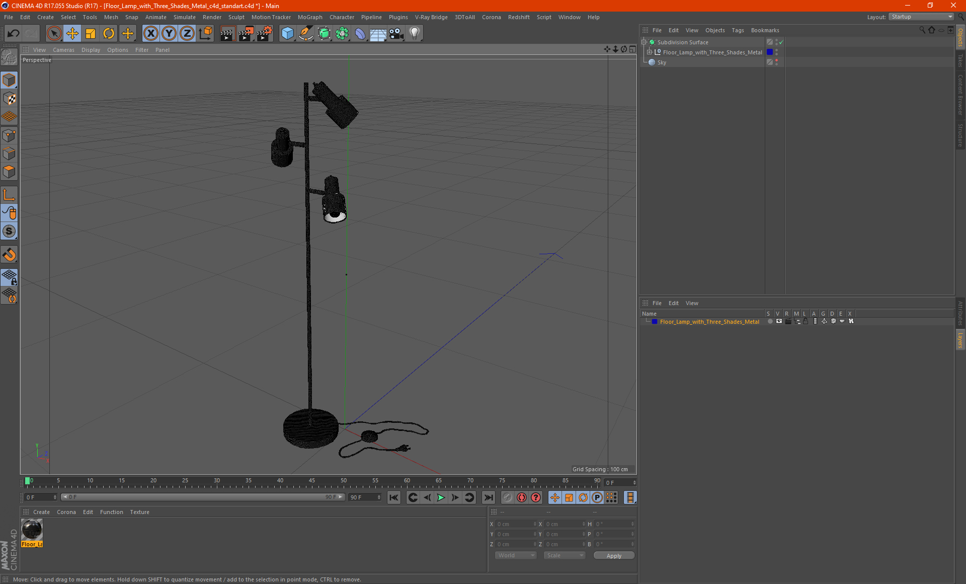 Floor Lamp with Three Shades Metal 3D model
