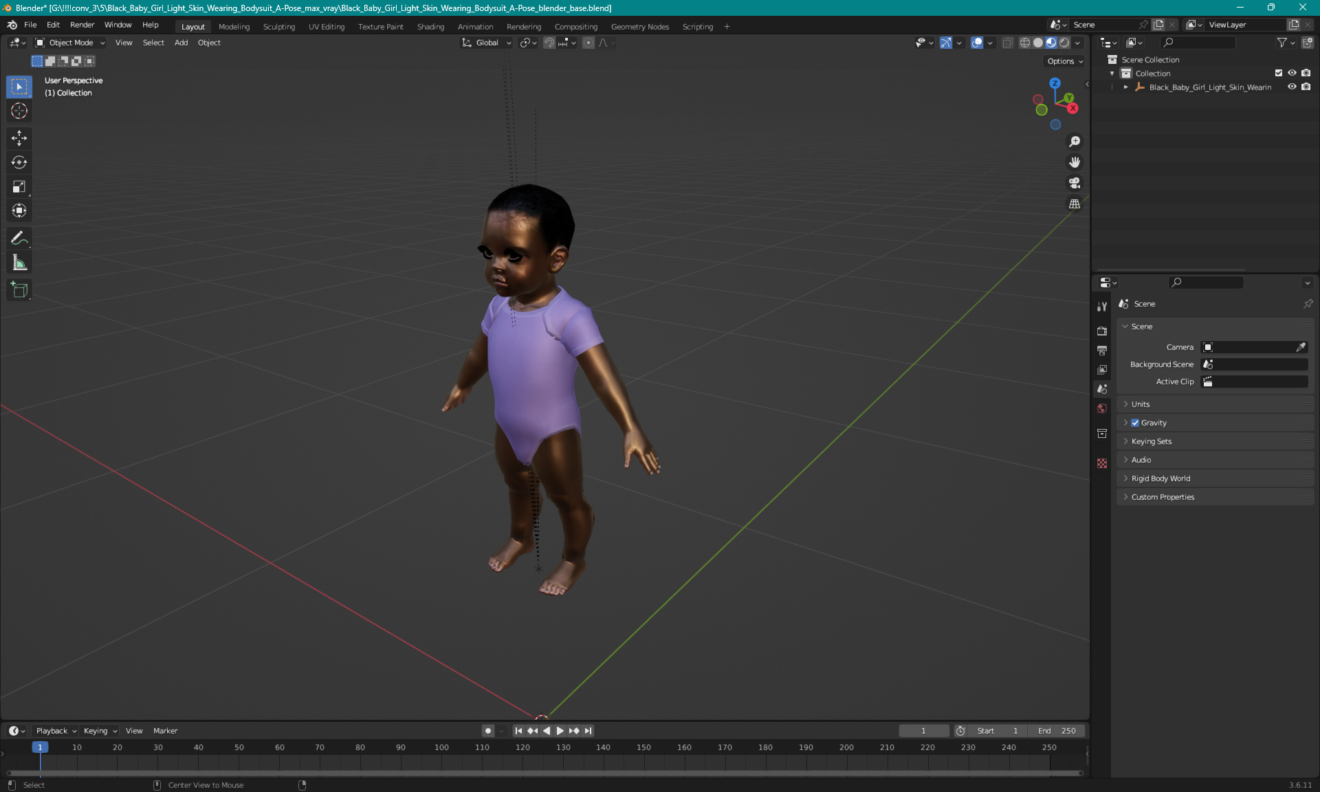 3D model Black Baby Girl Light Skin Wearing Bodysuit A-Pose