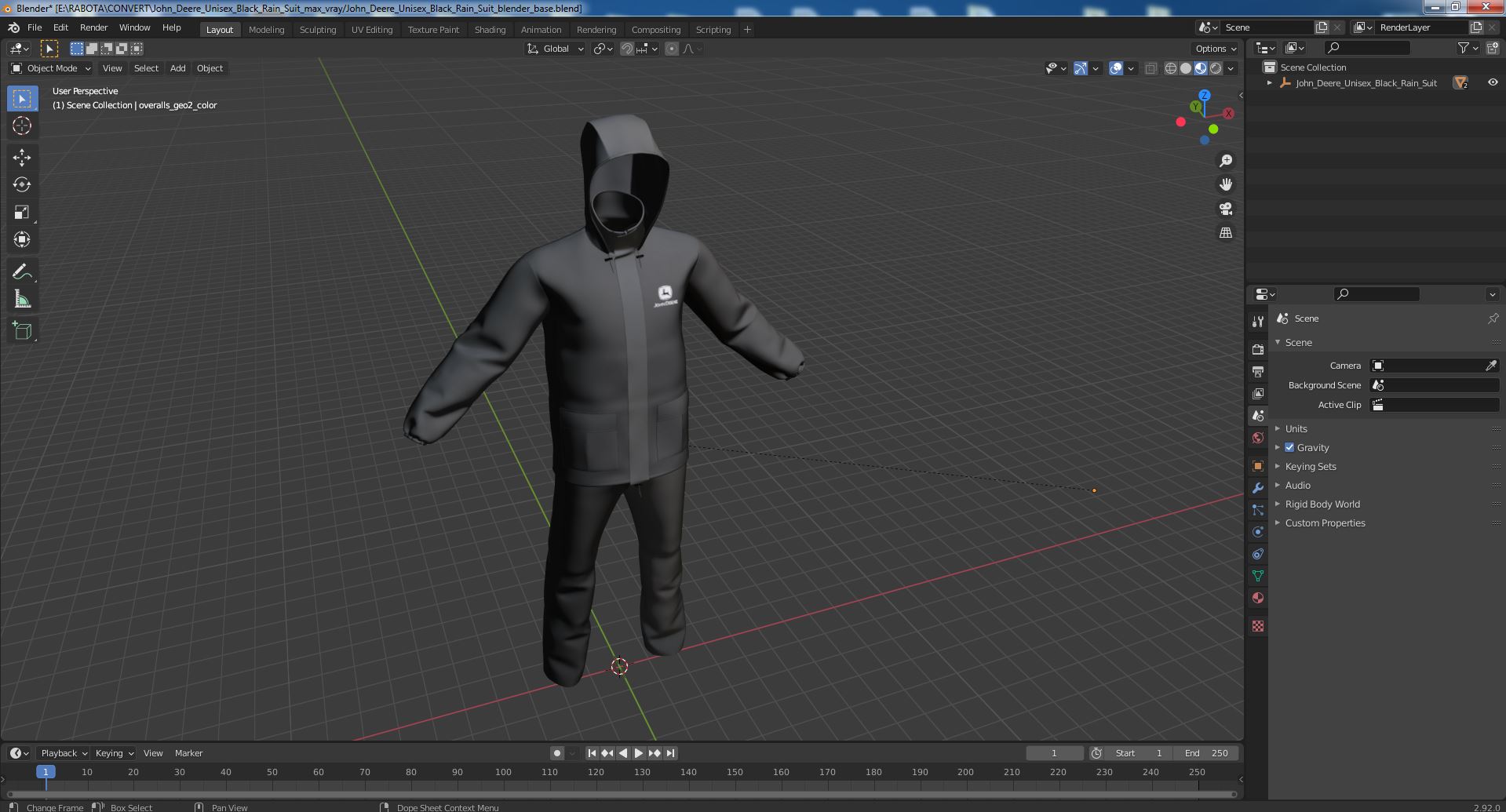 3D John Deere Unisex Black Rain Suit model