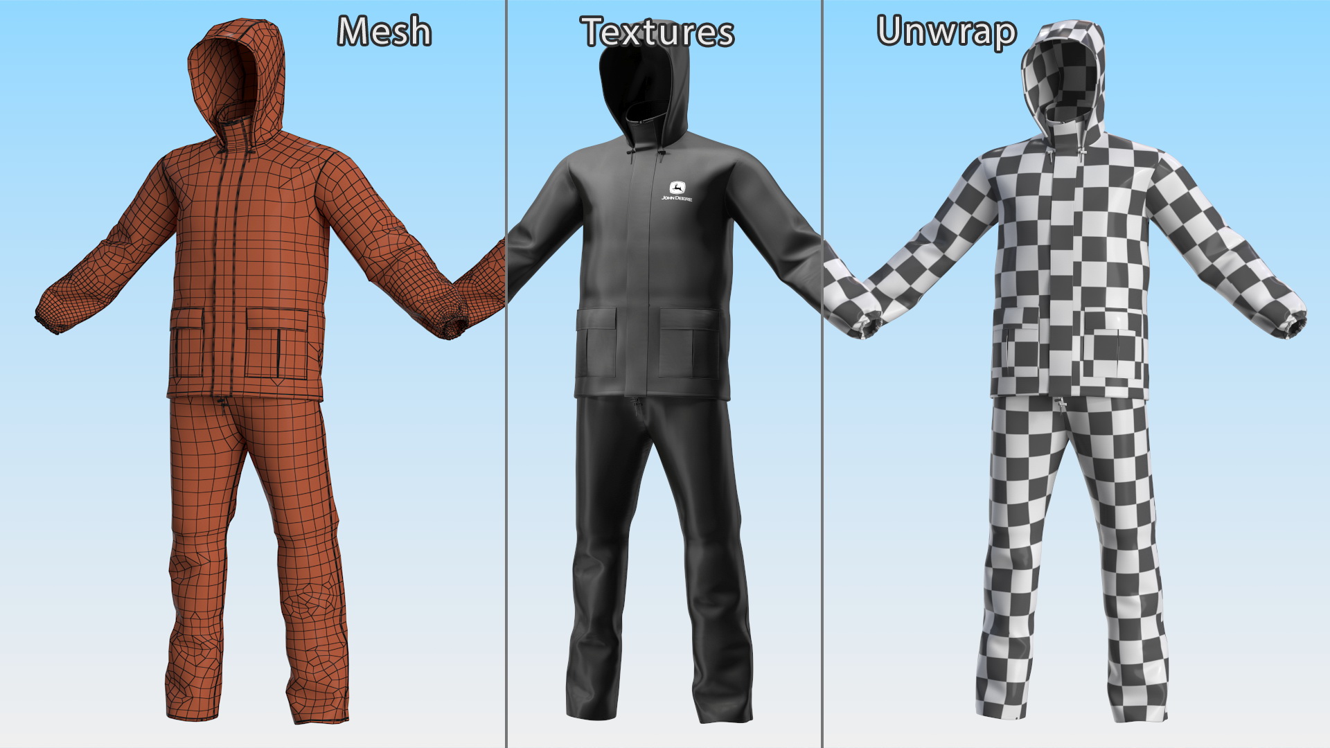 3D John Deere Unisex Black Rain Suit model
