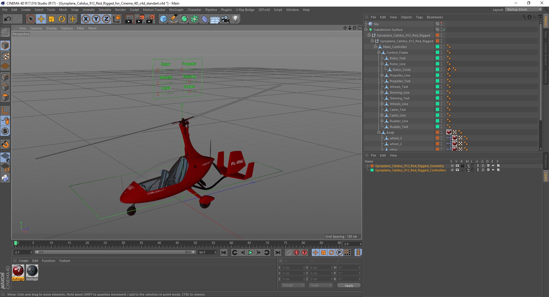 3D Gyroplane Calidus 912 Red Rigged for Cinema 4D