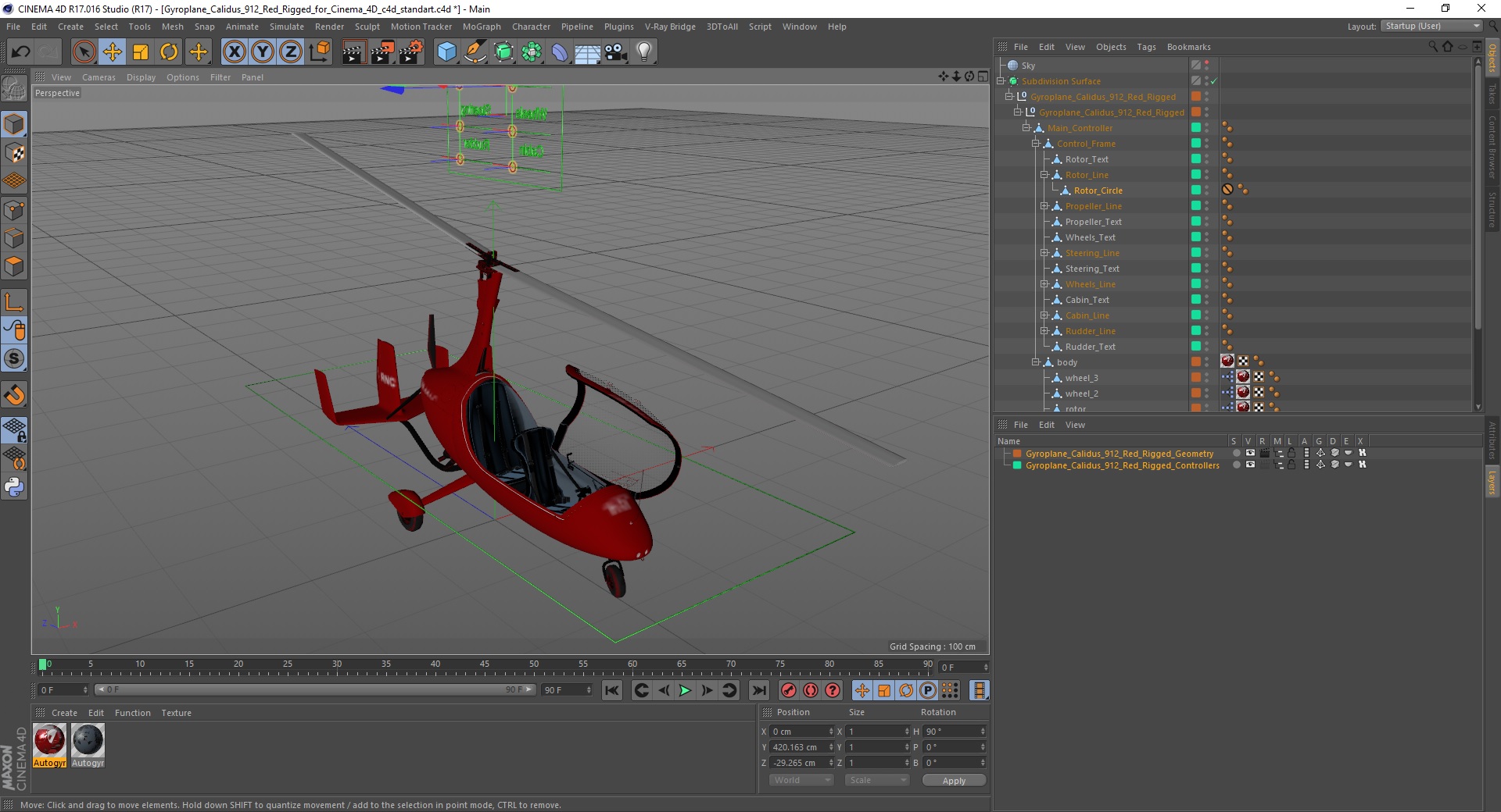 3D Gyroplane Calidus 912 Red Rigged for Cinema 4D