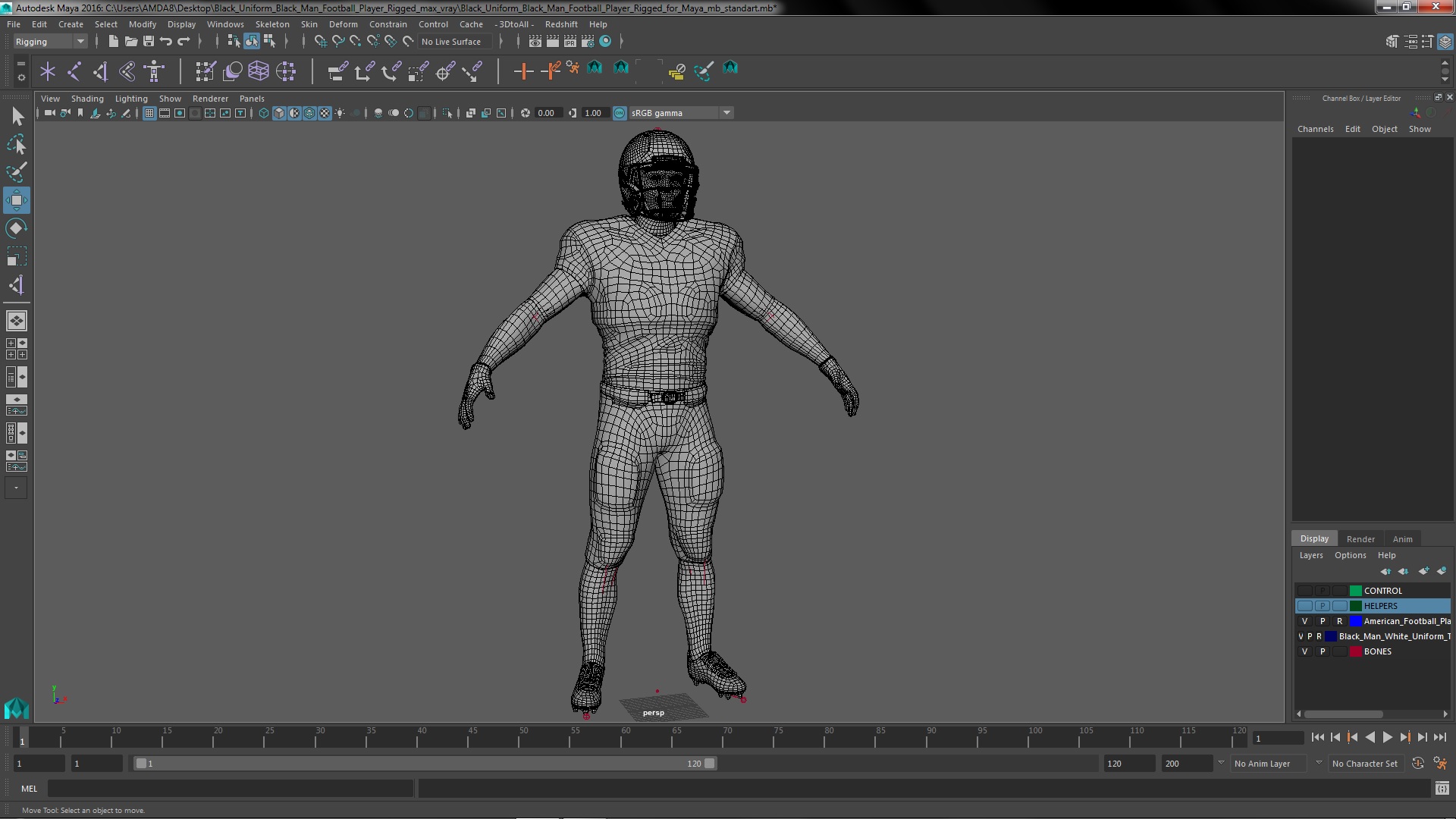 3D model Black Uniform Black Man Football Player Rigged for Maya