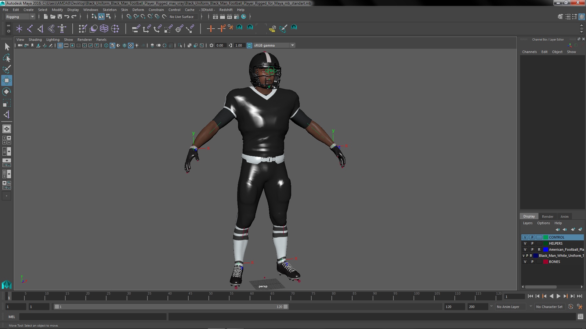 3D model Black Uniform Black Man Football Player Rigged for Maya