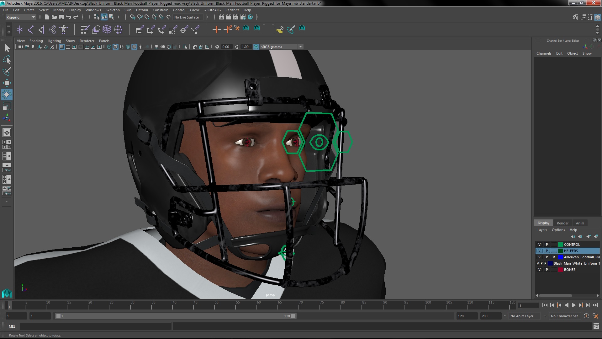 3D model Black Uniform Black Man Football Player Rigged for Maya