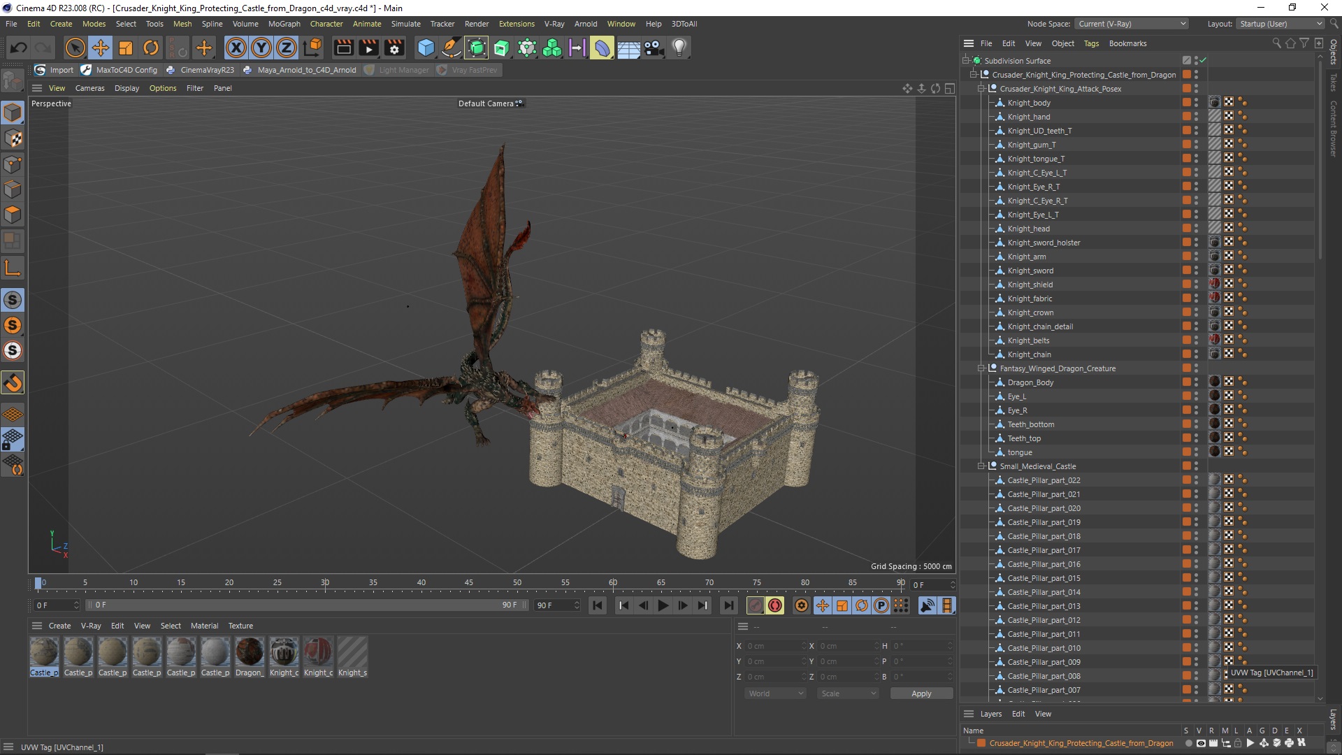 3D model Crusader Knight King Protecting Castle from Dragon