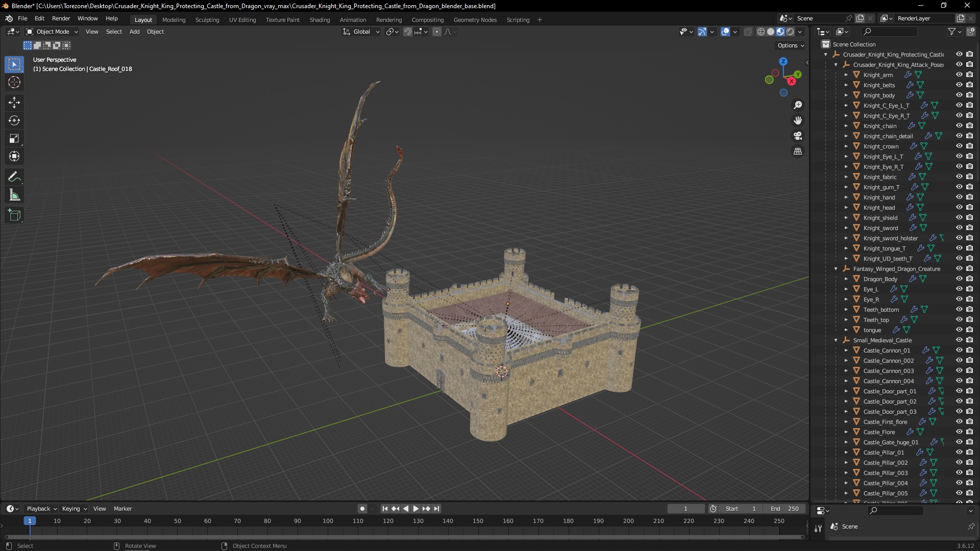 3D model Crusader Knight King Protecting Castle from Dragon