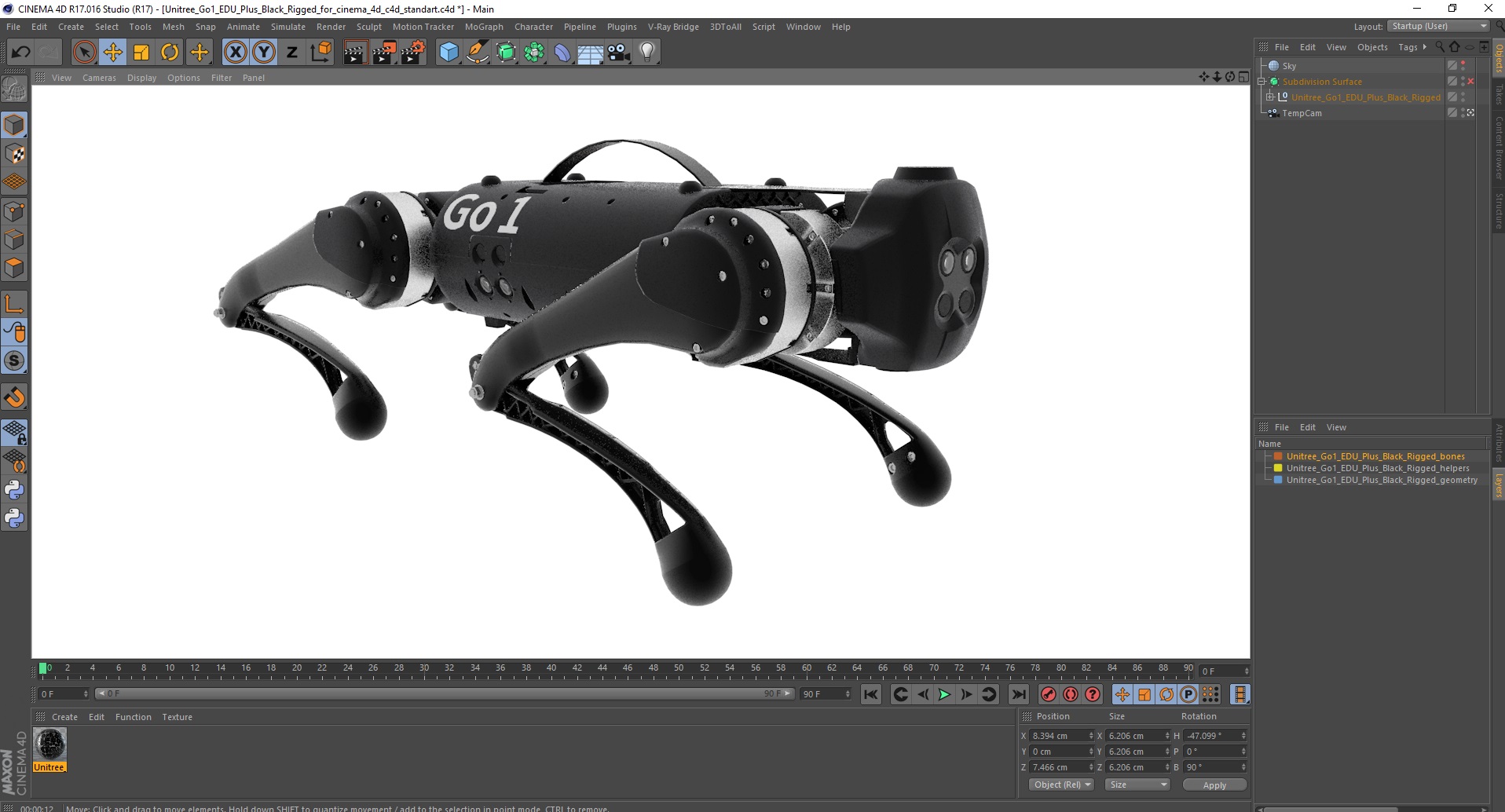 Unitree Go1 EDU Plus Black Rigged for Cinema 4D 3D