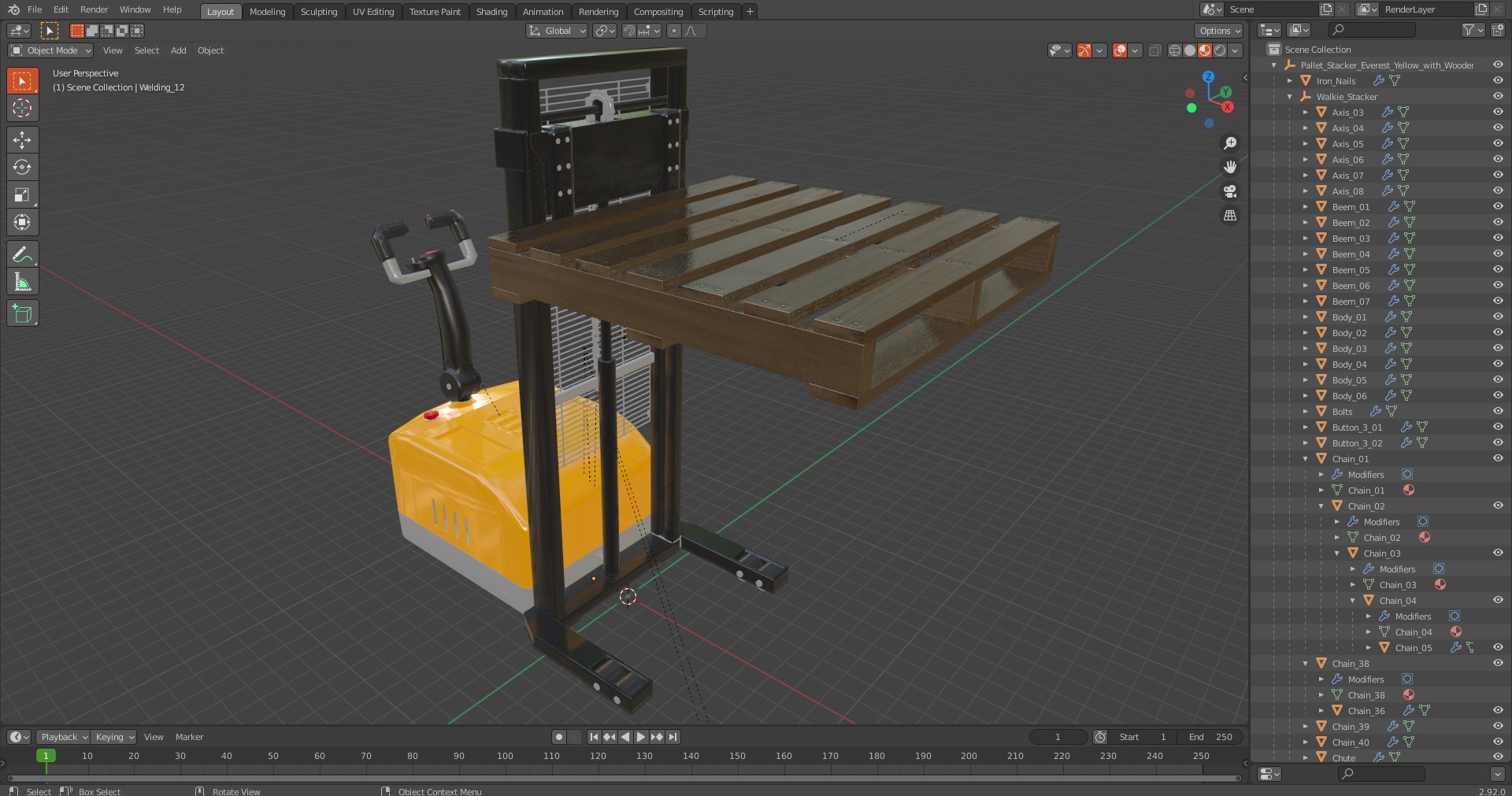 3D Pallet Stacker Everest Yellow with Wooden Pallet model