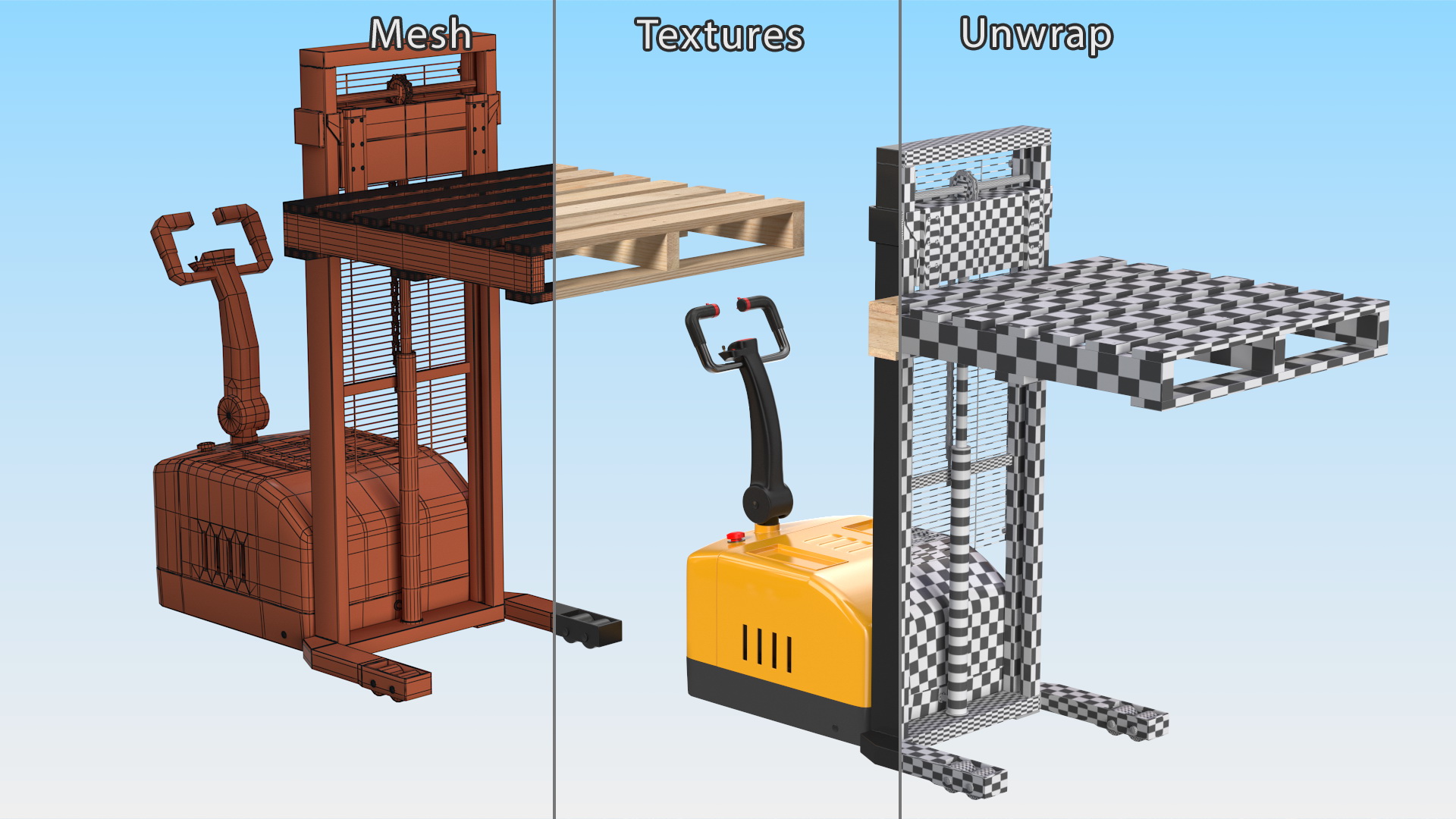 3D Pallet Stacker Everest Yellow with Wooden Pallet model