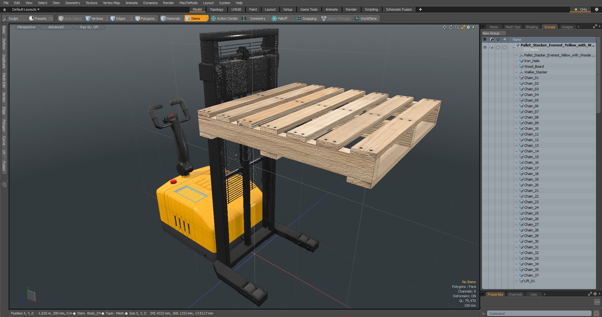 3D Pallet Stacker Everest Yellow with Wooden Pallet model