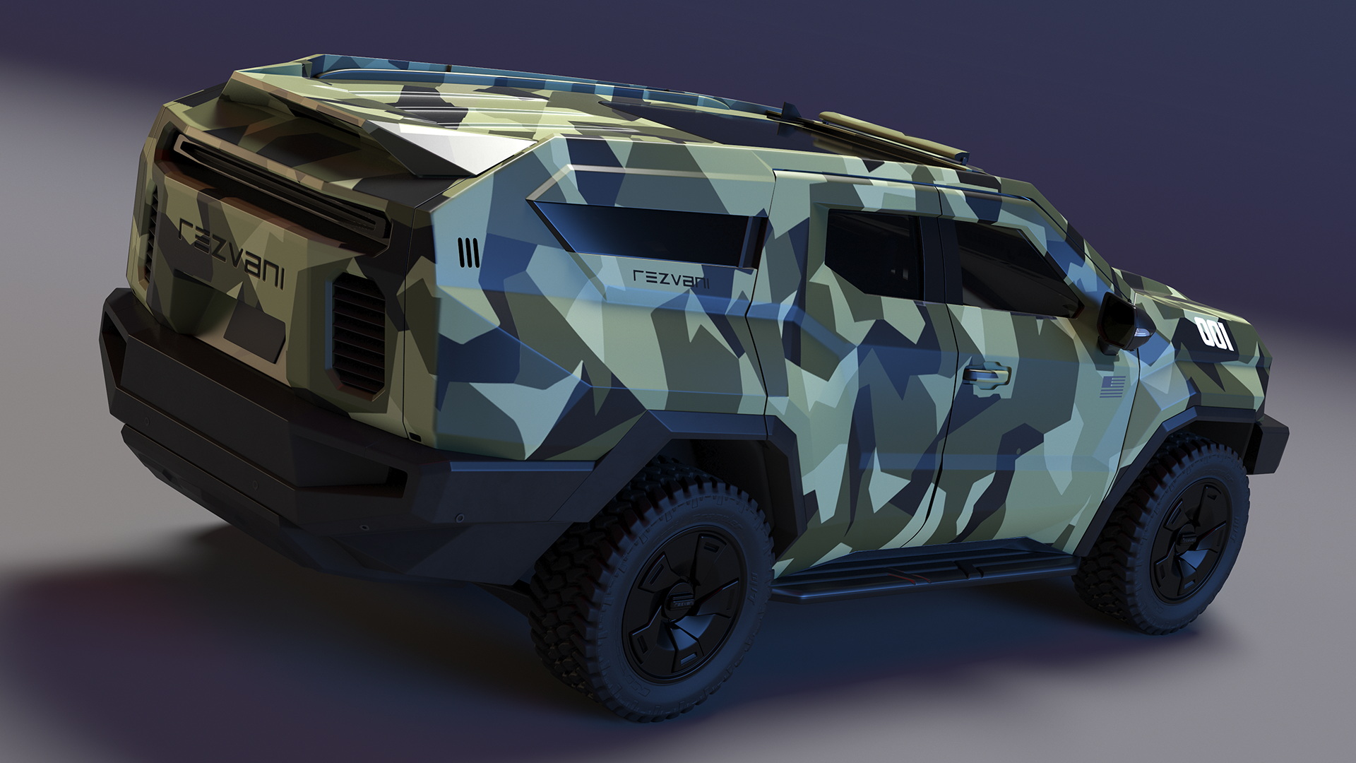 2023 Rezvani Vengeance Armored SUV Camouflage Colored Lights Off 3D model