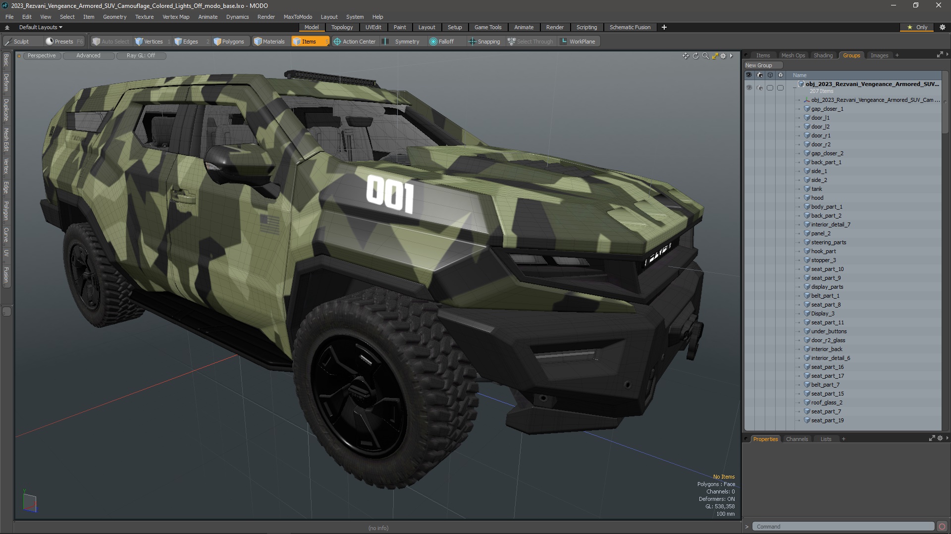 2023 Rezvani Vengeance Armored SUV Camouflage Colored Lights Off 3D model