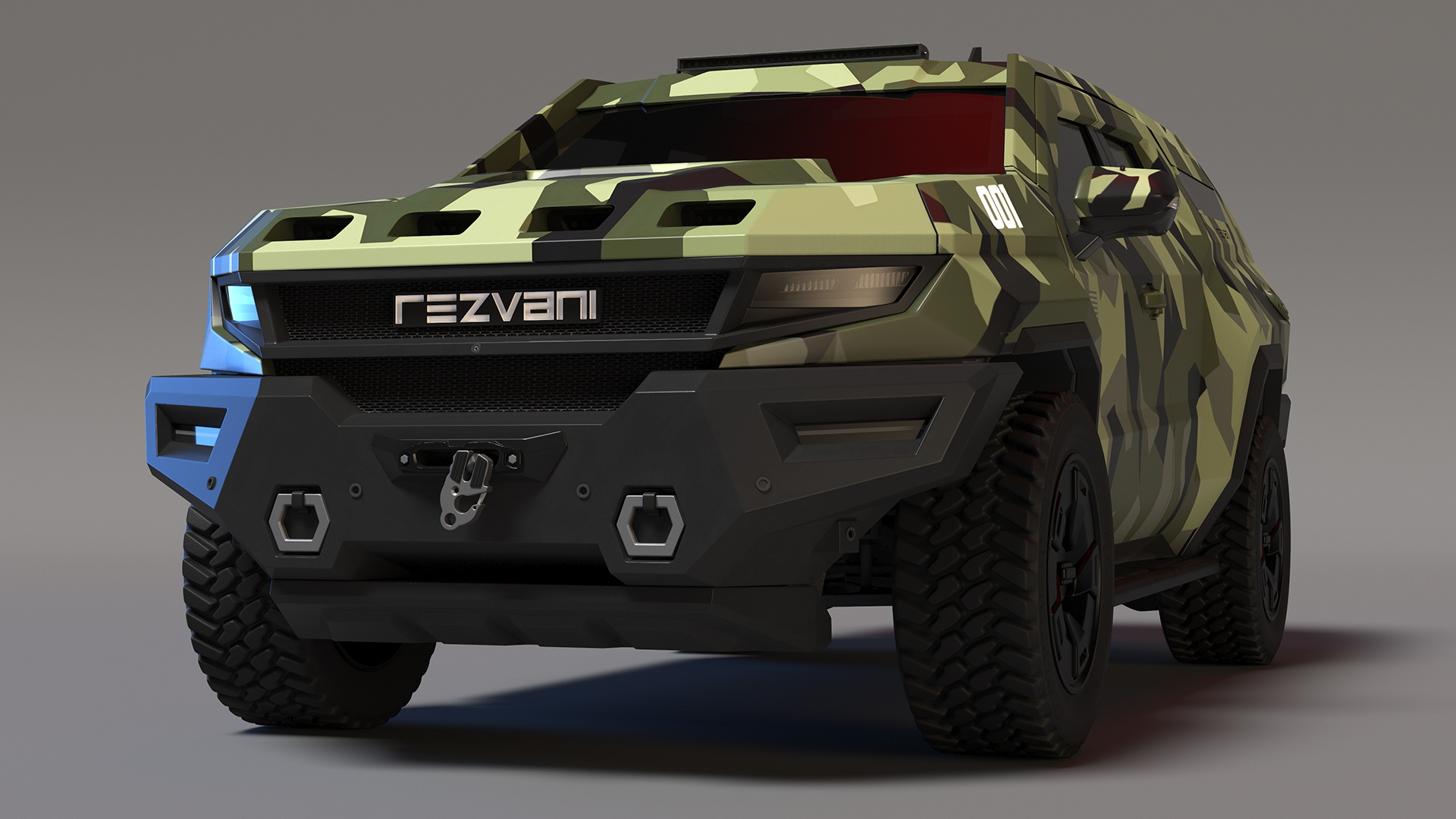 2023 Rezvani Vengeance Armored SUV Camouflage Colored Lights Off 3D model