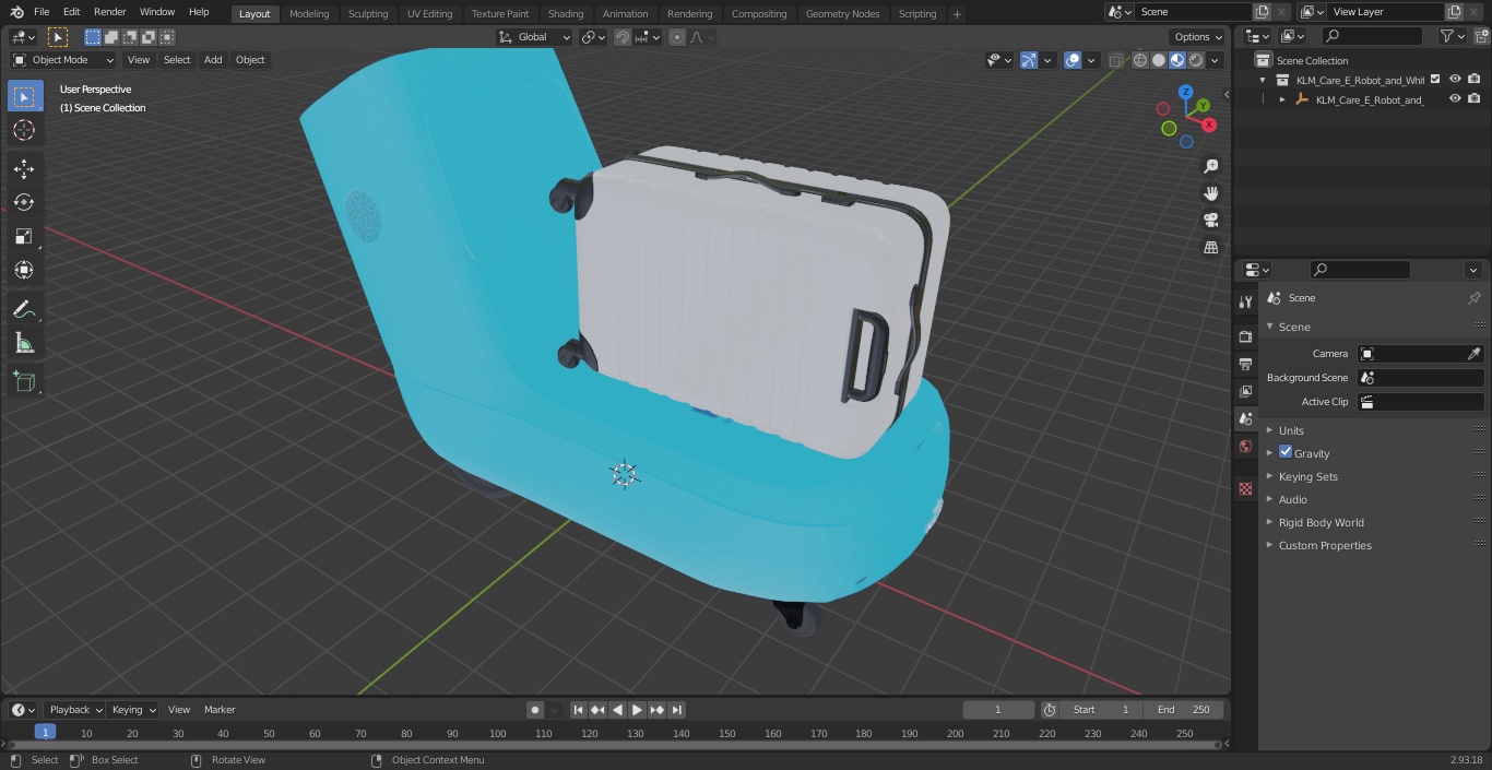 3D KLM Care E Robot and White Luggage Bag model