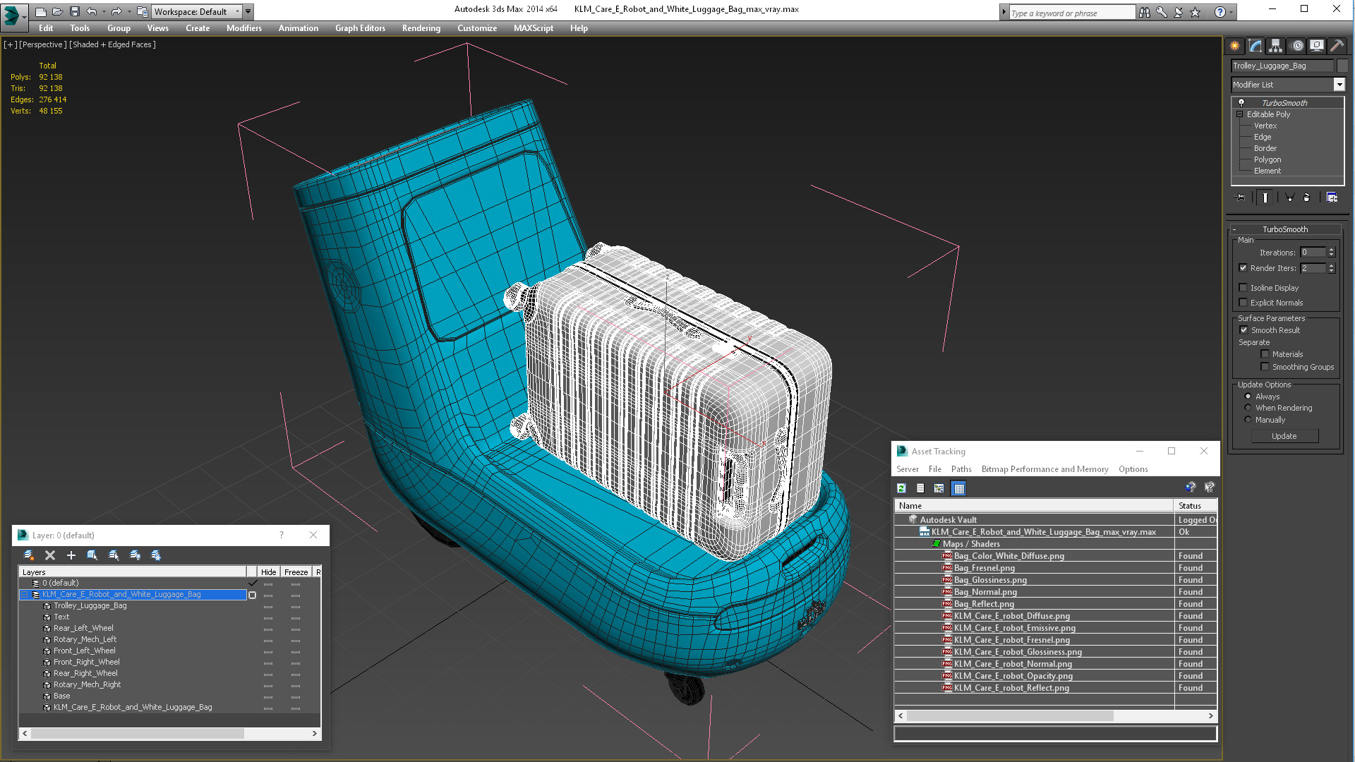 3D KLM Care E Robot and White Luggage Bag model