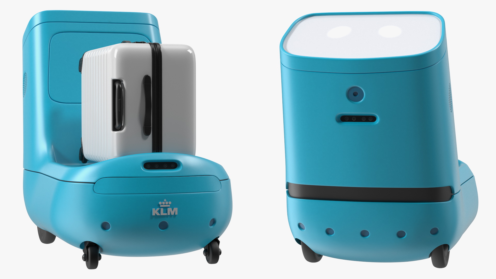 3D KLM Care E Robot and White Luggage Bag model