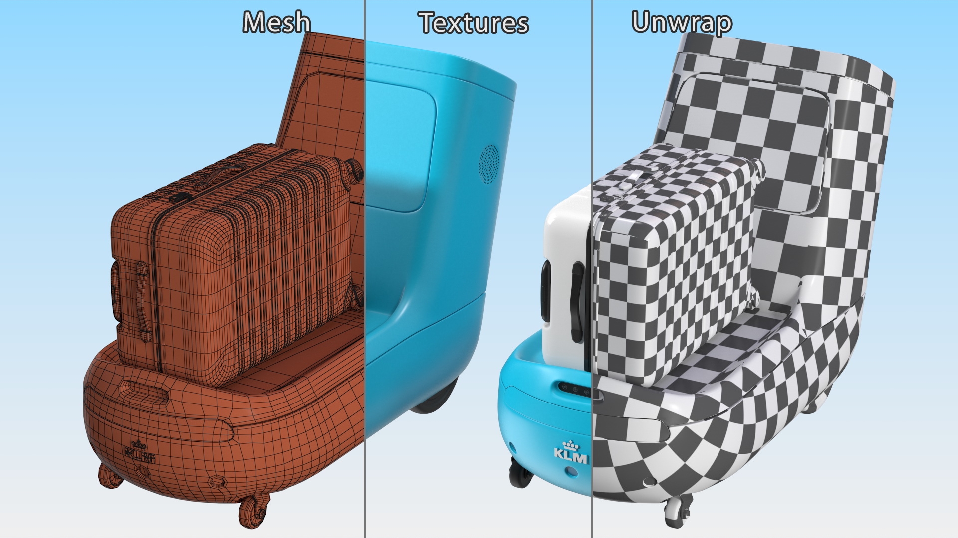 3D KLM Care E Robot and White Luggage Bag model