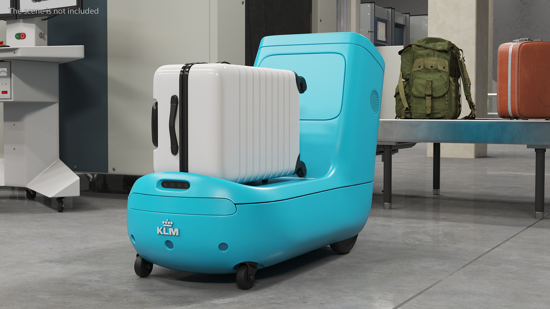 3D KLM Care E Robot and White Luggage Bag model