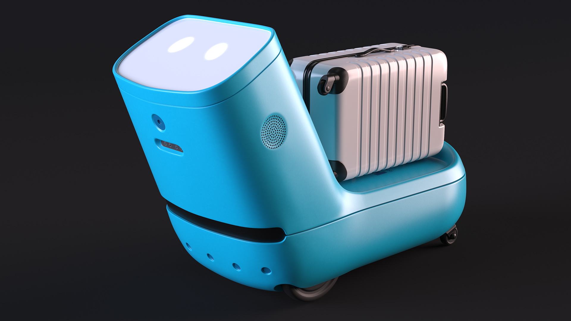 3D KLM Care E Robot and White Luggage Bag model