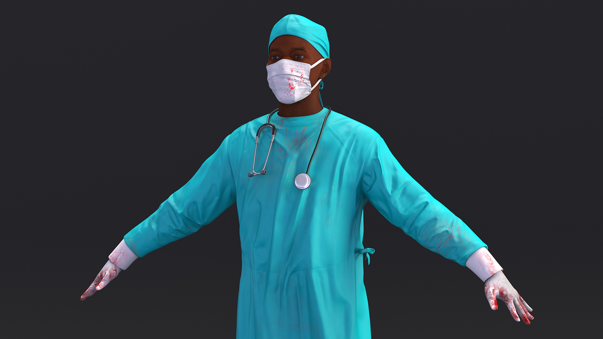 African Black Male Doctor Wearing Face Mask Blood Stained 3D