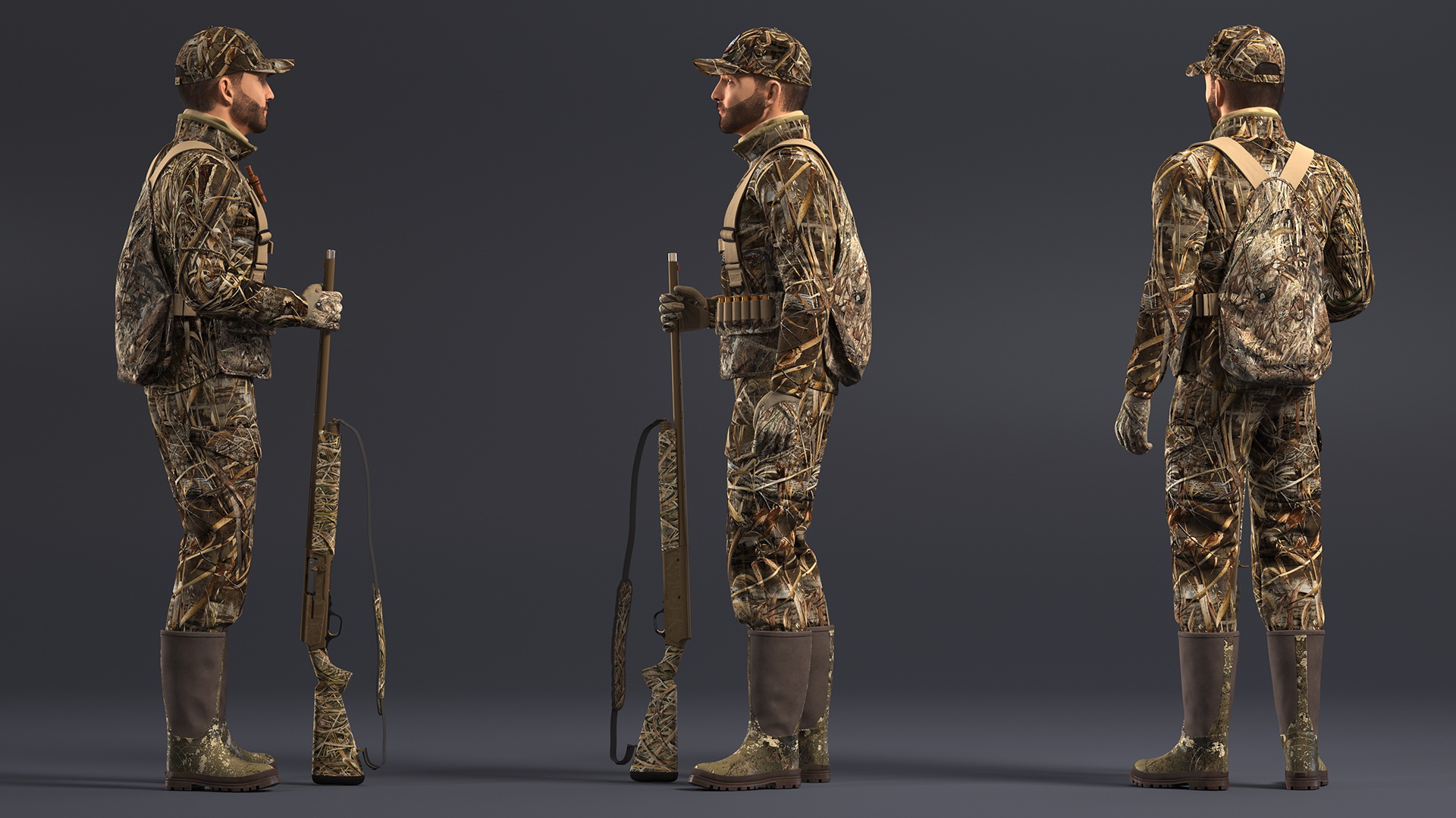 3D Man On Duck Hunt Standing in Grass Camo Fur model