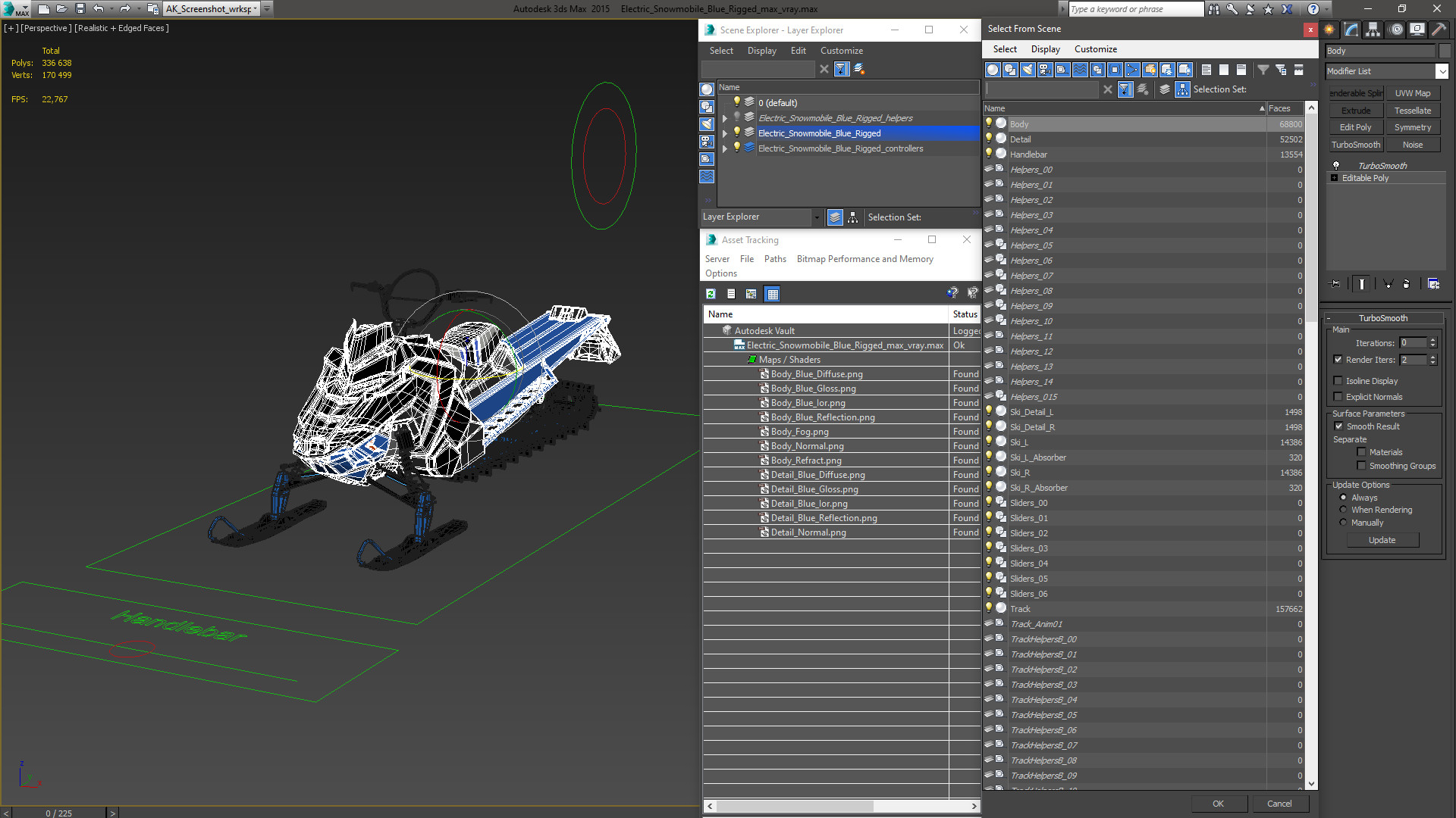 3D Electric Snowmobile Blue Rigged