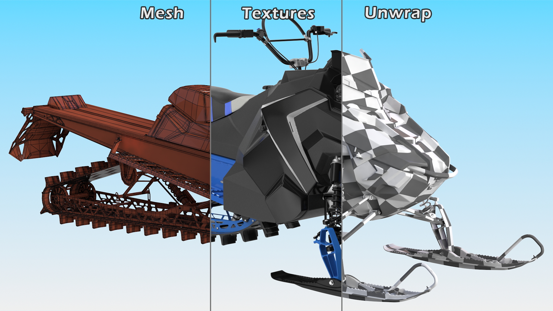 3D Electric Snowmobile Blue Rigged
