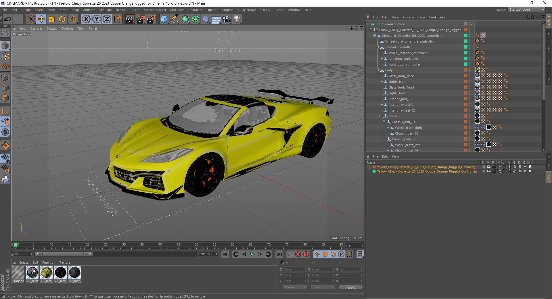 3D Yellow Chevy Corvette Z0 2023 Coupe Rigged for Cinema 4D