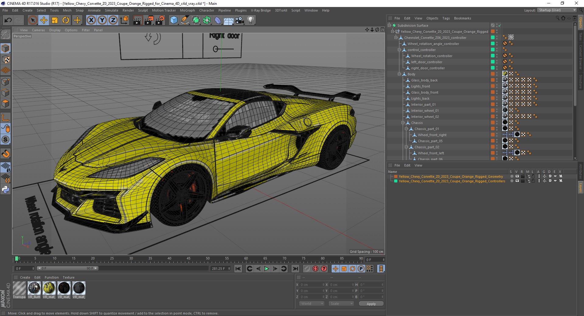 3D Yellow Chevy Corvette Z0 2023 Coupe Rigged for Cinema 4D