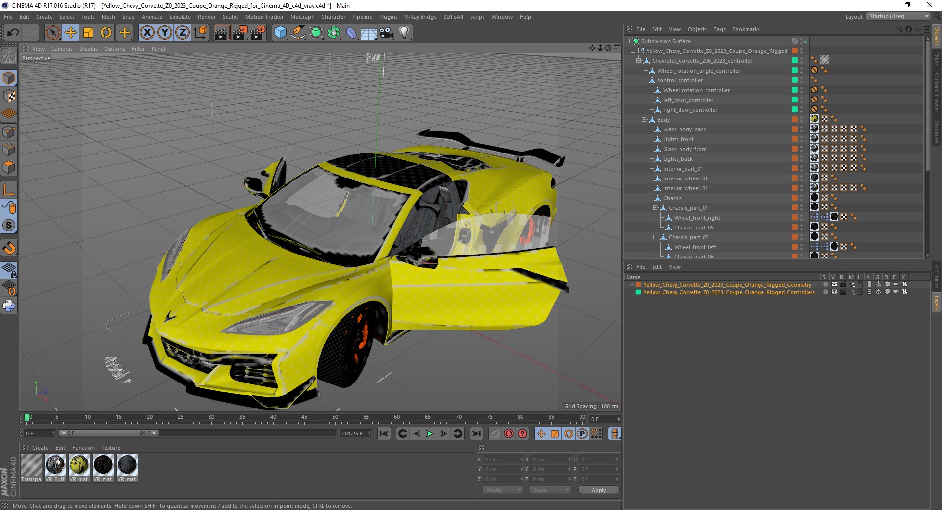 3D Yellow Chevy Corvette Z0 2023 Coupe Rigged for Cinema 4D