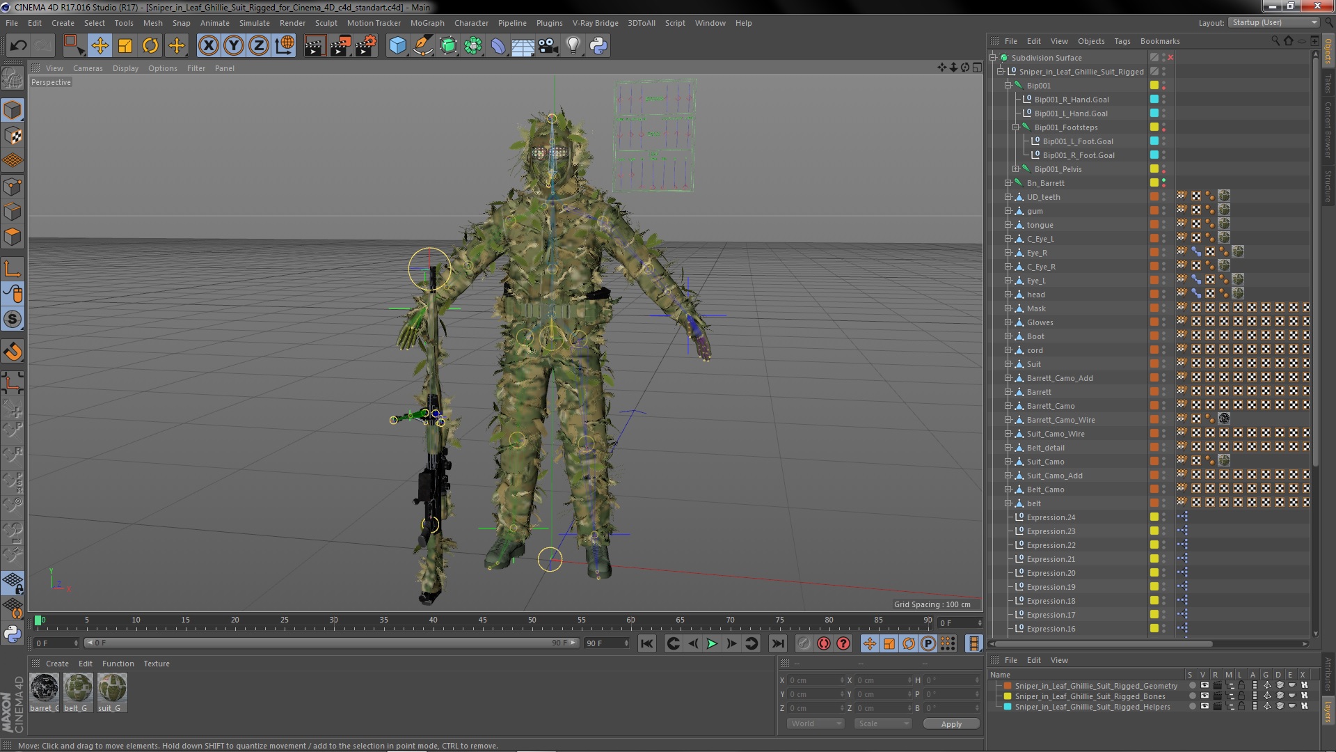 3D Sniper in Leaf Ghillie Suit Rigged for Cinema 4D model