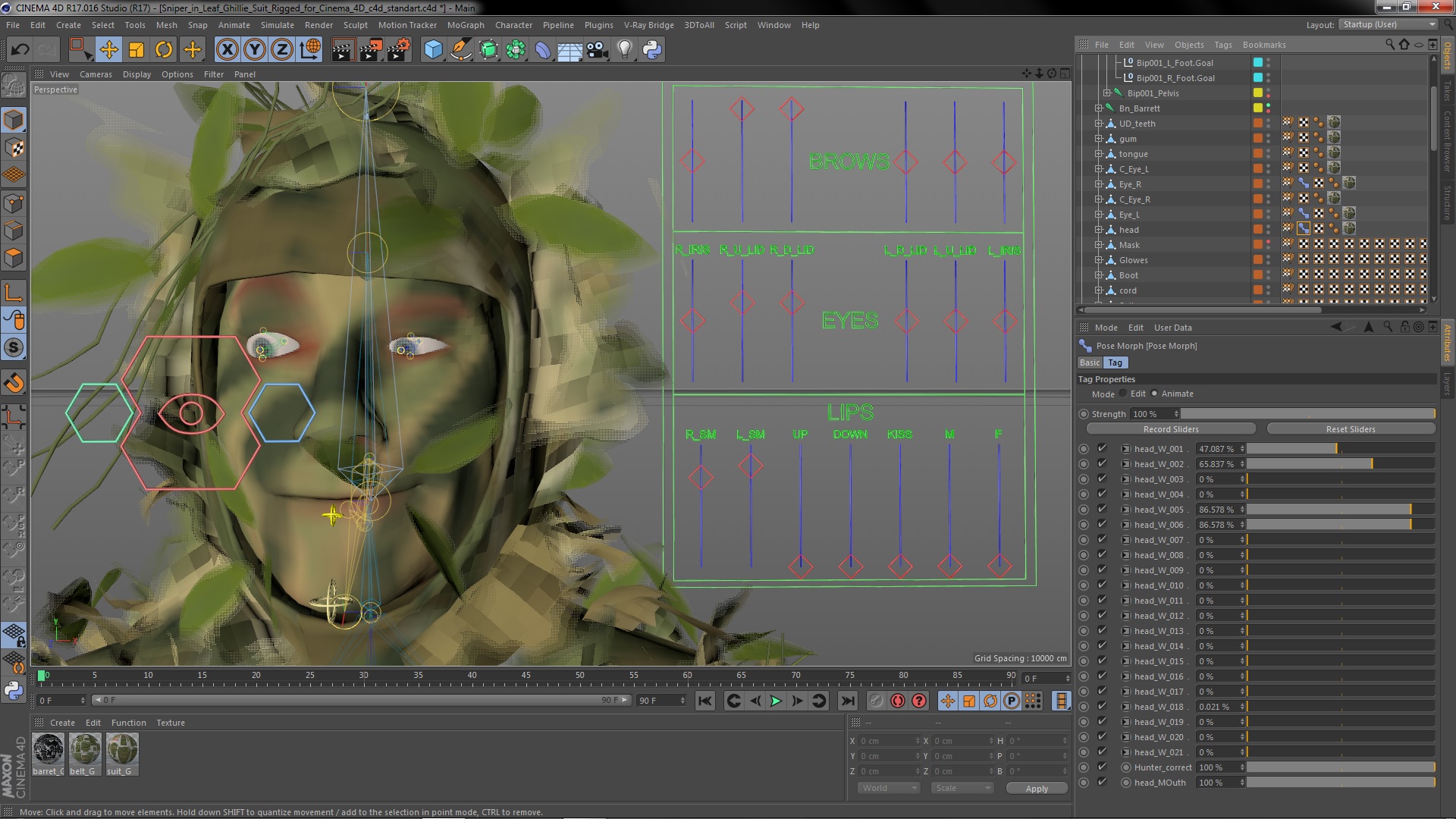 3D Sniper in Leaf Ghillie Suit Rigged for Cinema 4D model