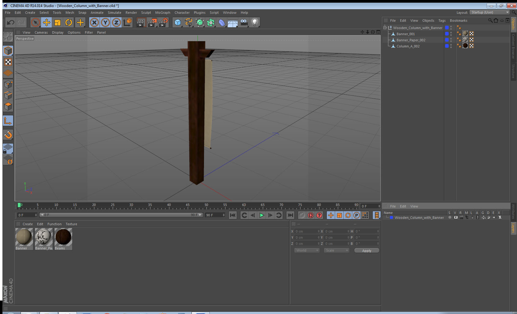 Wooden Japanese Column with Banner 3D model