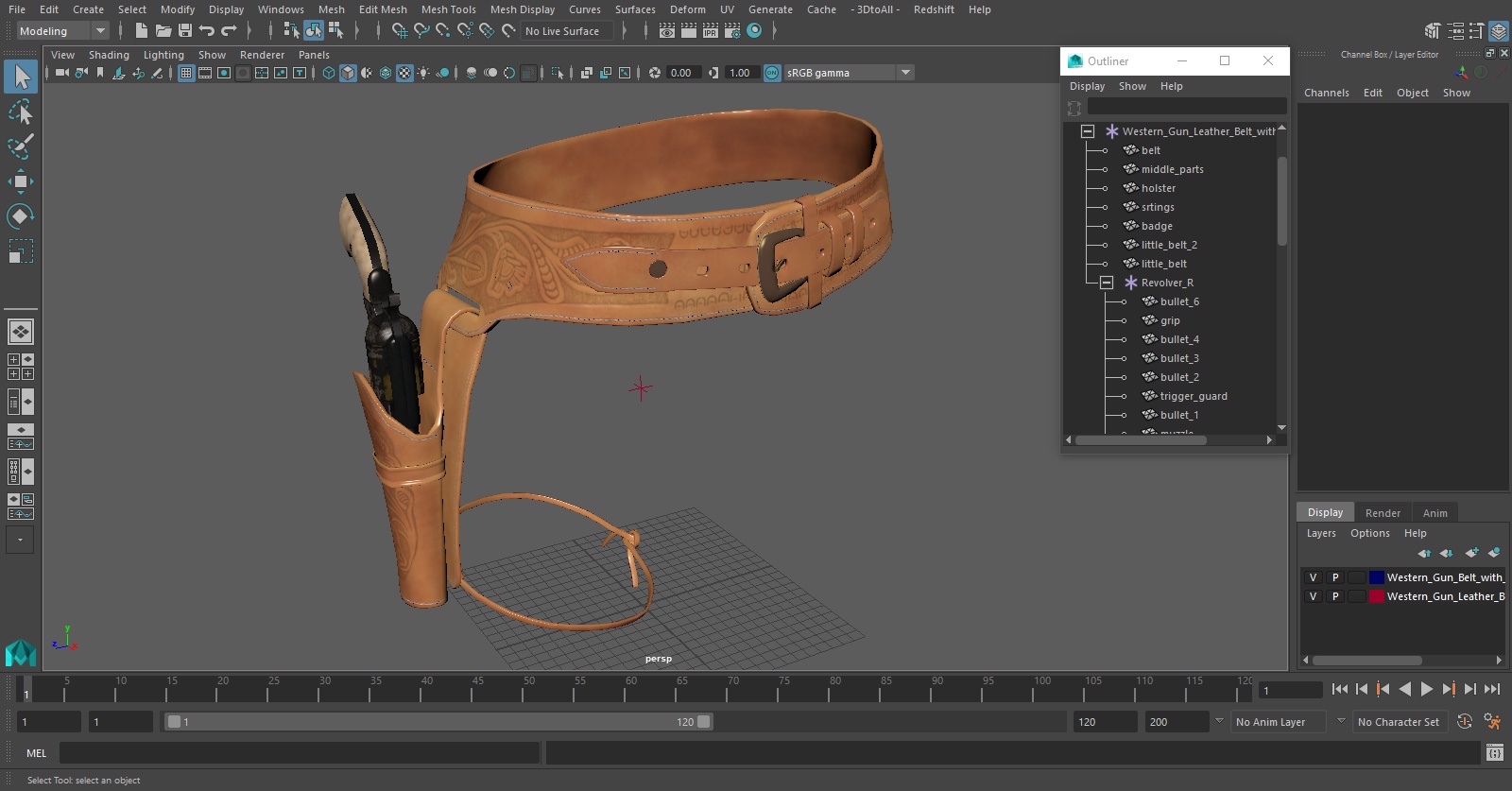 3D Western Gun Leather Belt with Revolver model