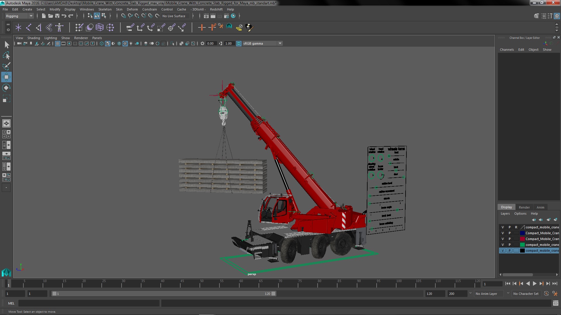 Mobile Crane With Concrete Slab Rigged for Maya 3D