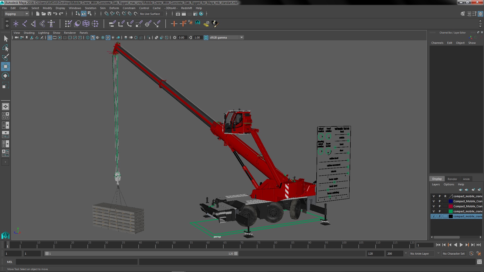Mobile Crane With Concrete Slab Rigged for Maya 3D
