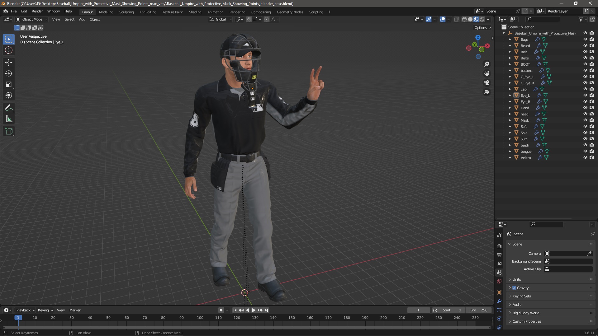 3D Baseball Umpire with Protective Mask Showing Points