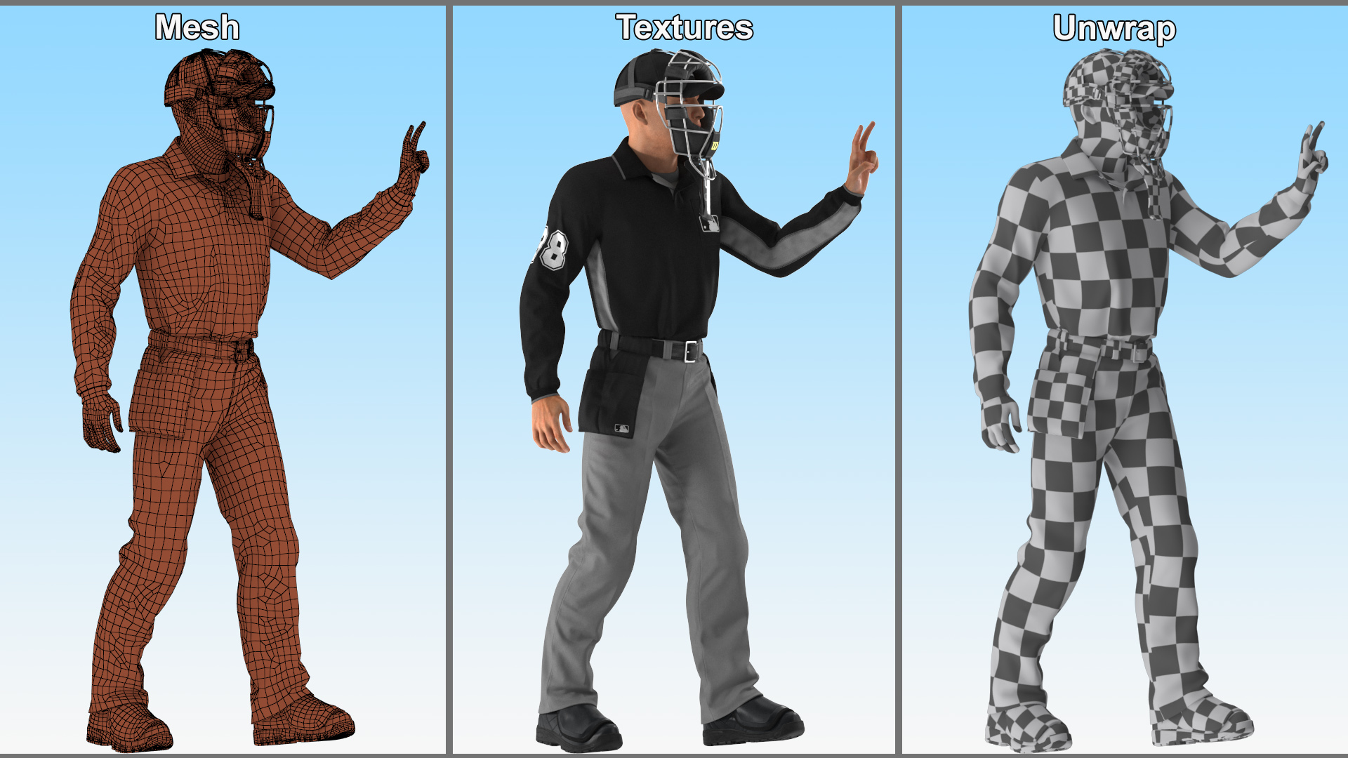 3D Baseball Umpire with Protective Mask Showing Points