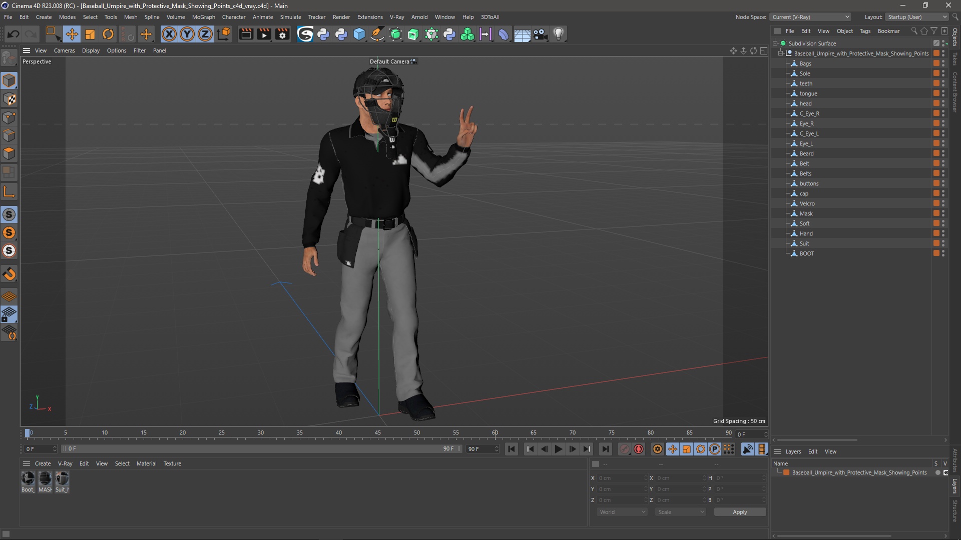 3D Baseball Umpire with Protective Mask Showing Points