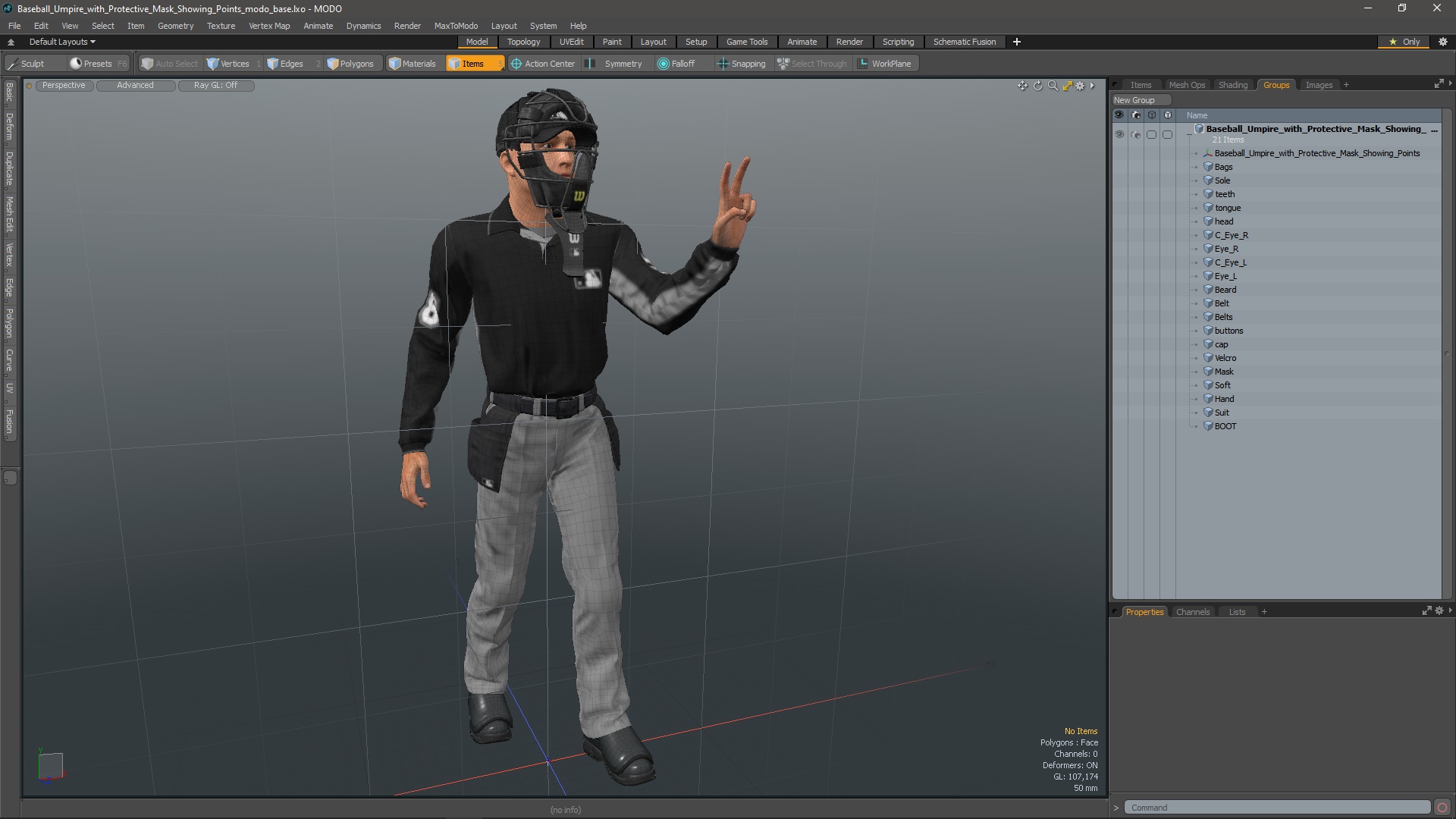 3D Baseball Umpire with Protective Mask Showing Points