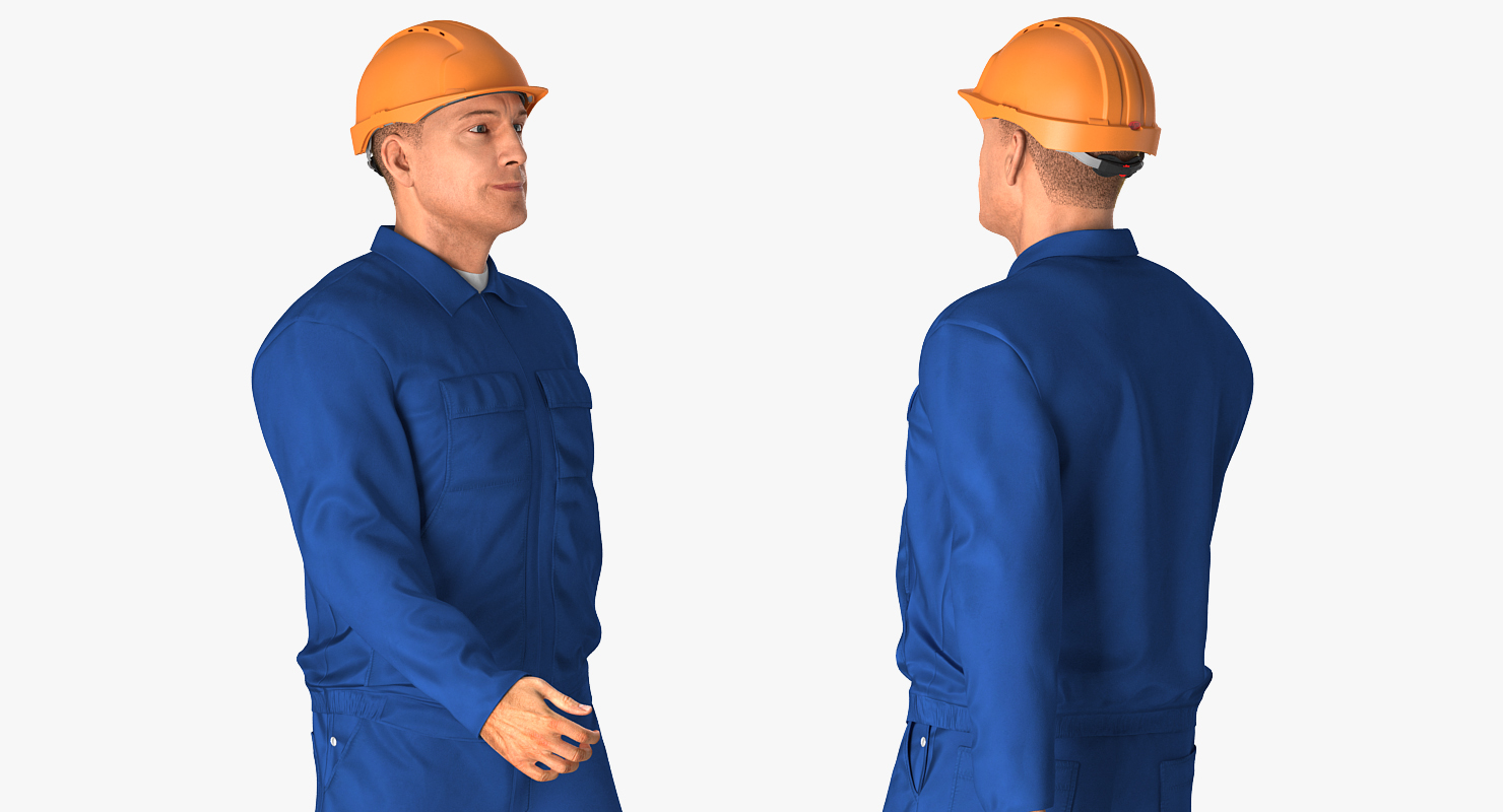 Worker In Blue Overalls with Hardhat Walking Pose 3D model
