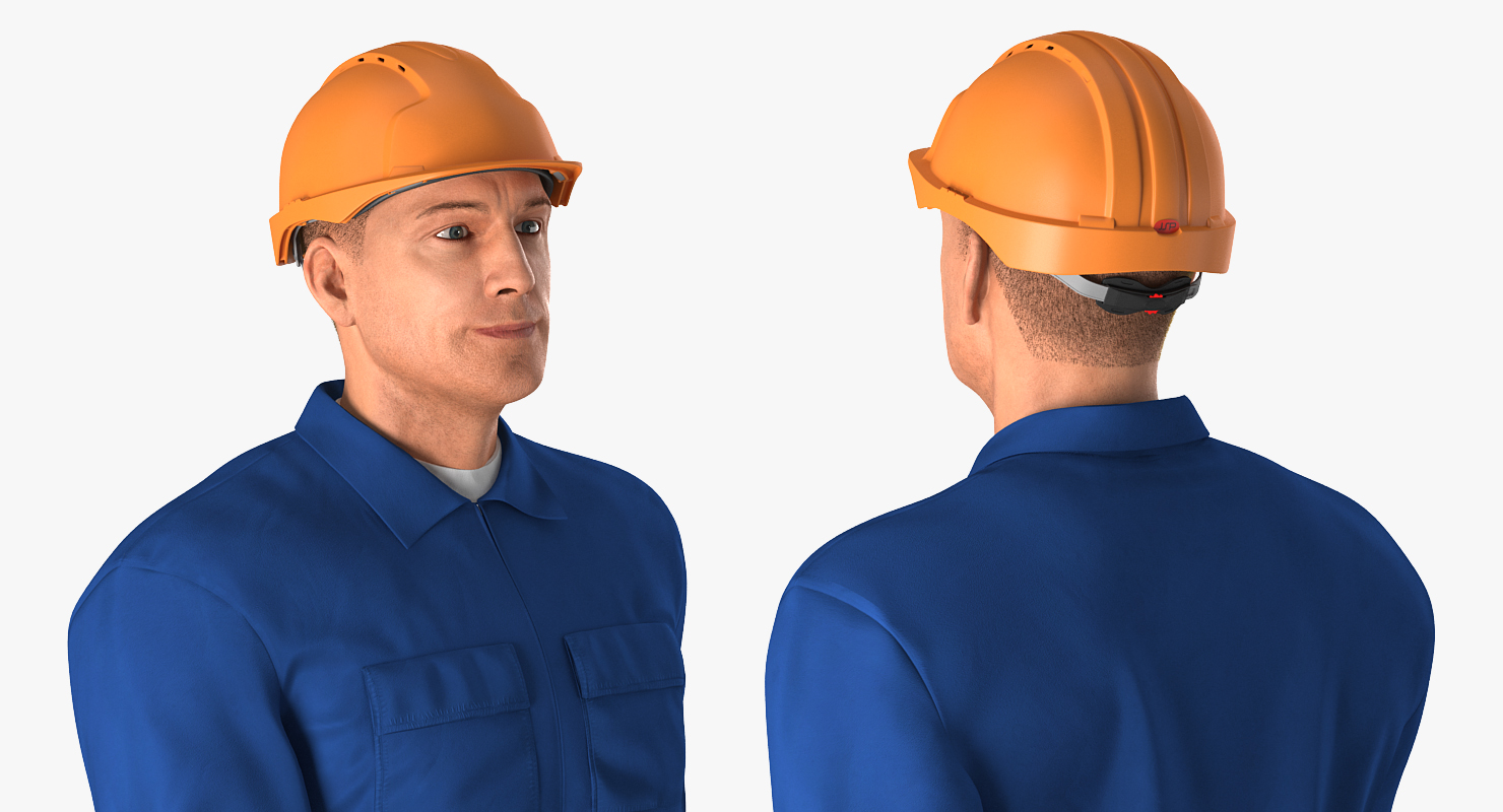 Worker In Blue Overalls with Hardhat Walking Pose 3D model