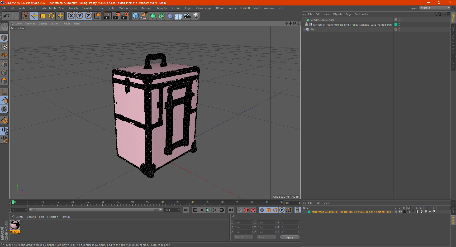 3D Yaheetech Aluminum Rolling Trolley Makeup Case Folded Pink model