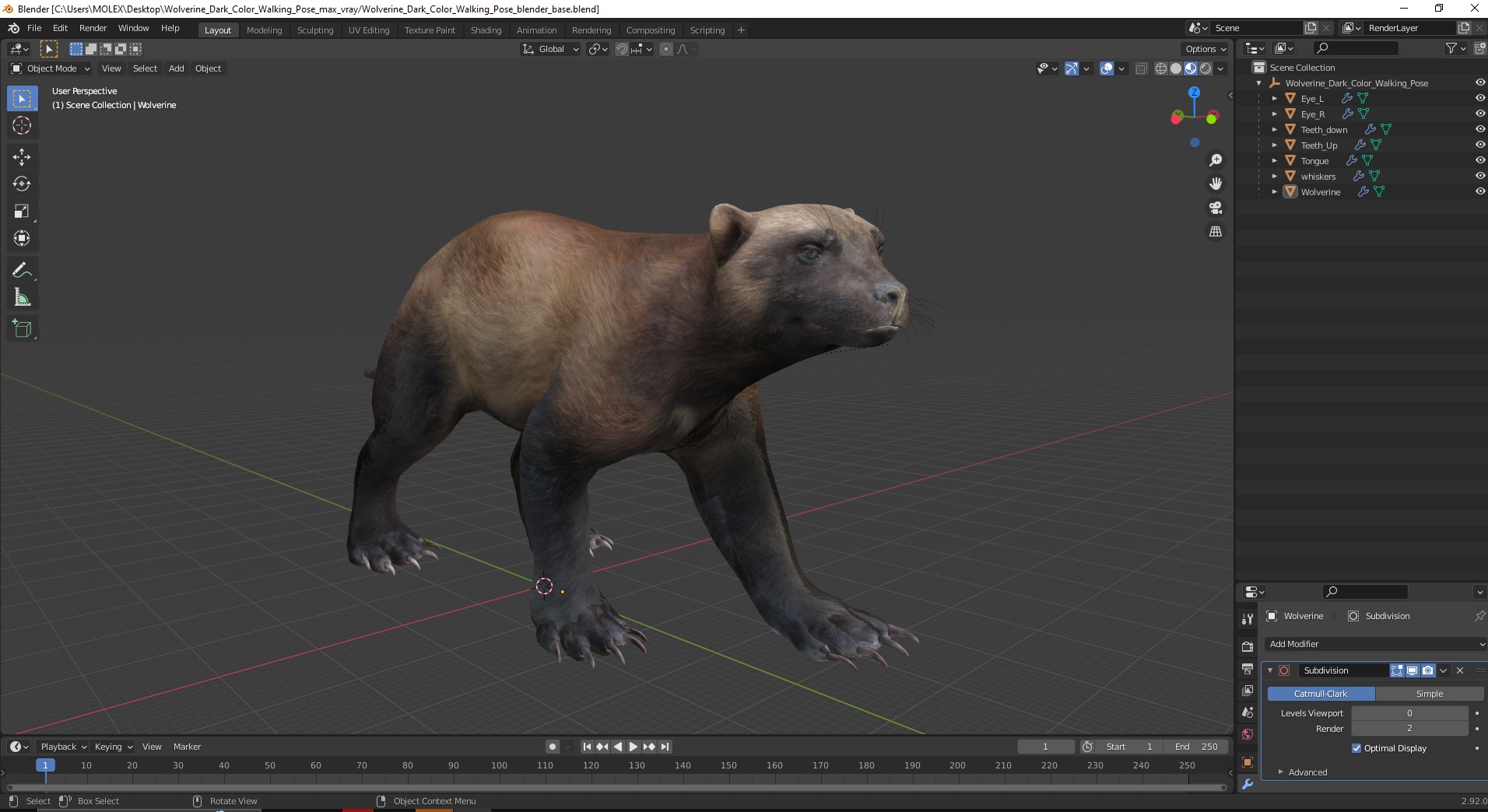 3D Wolverine Dark Color Walking Pose model