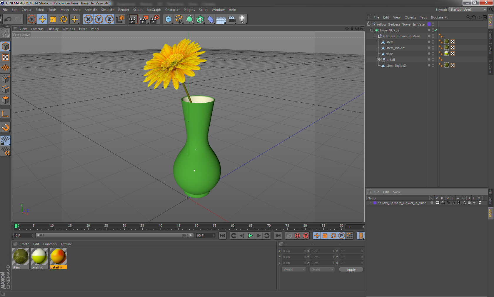 Yellow Gerbera Flower In Vase 3D model