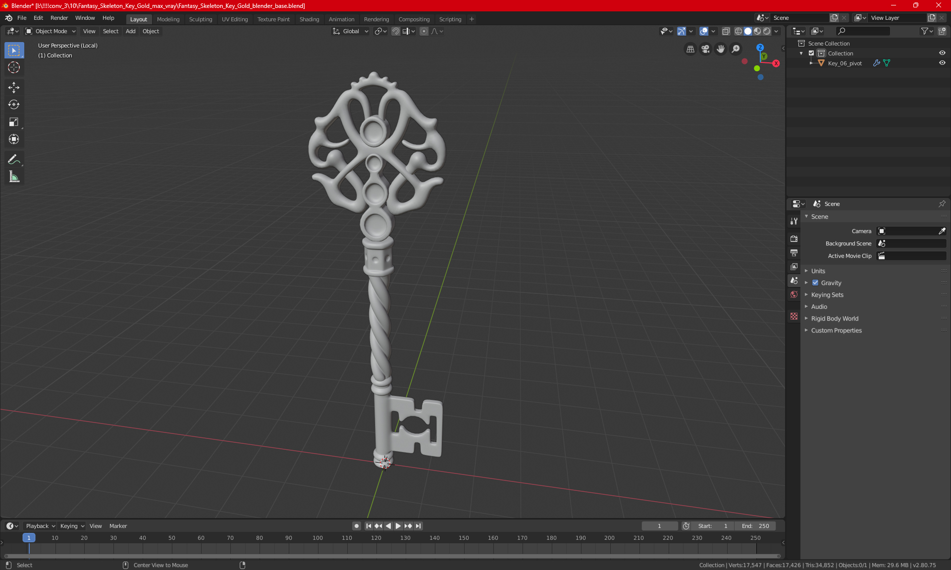 Fantasy Skeleton Key Silver 3D