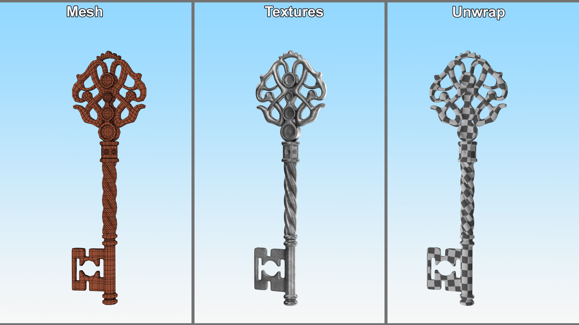 Fantasy Skeleton Key Silver 3D