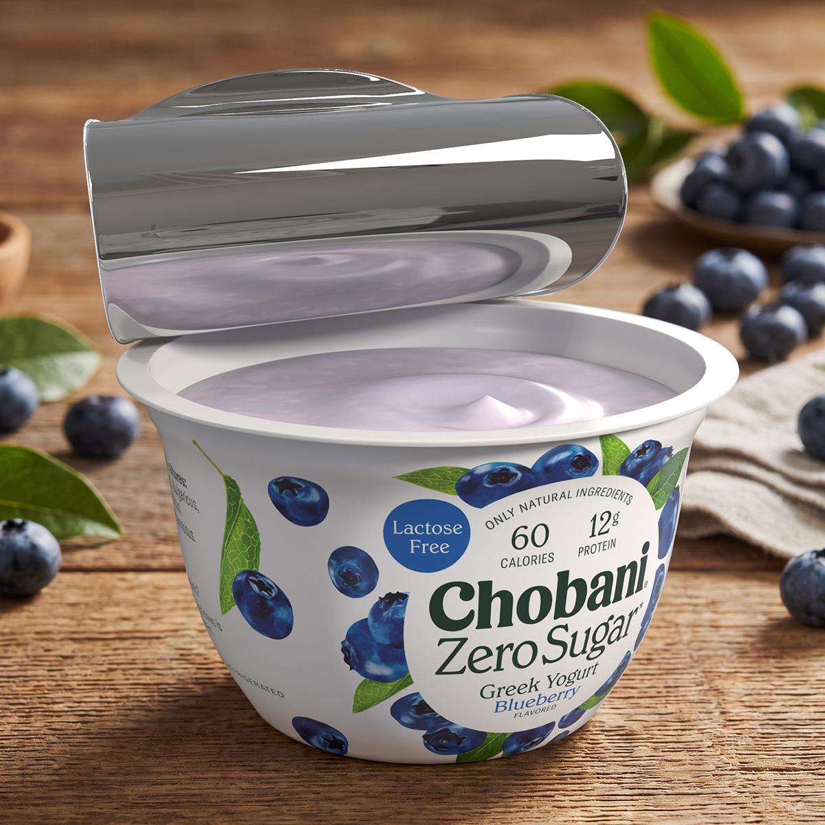 Chobani Zero Sugar Greek Yogurt Cup Open Blueberry
