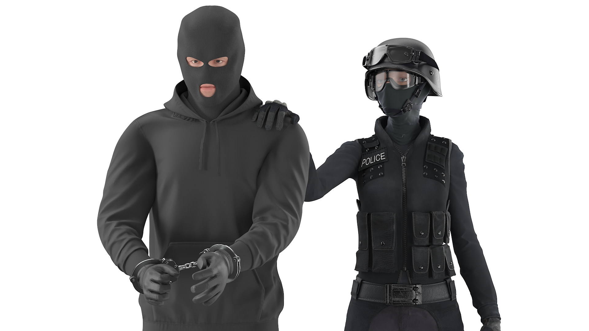 Robber in Handcuffs with SWAT Officer 3D